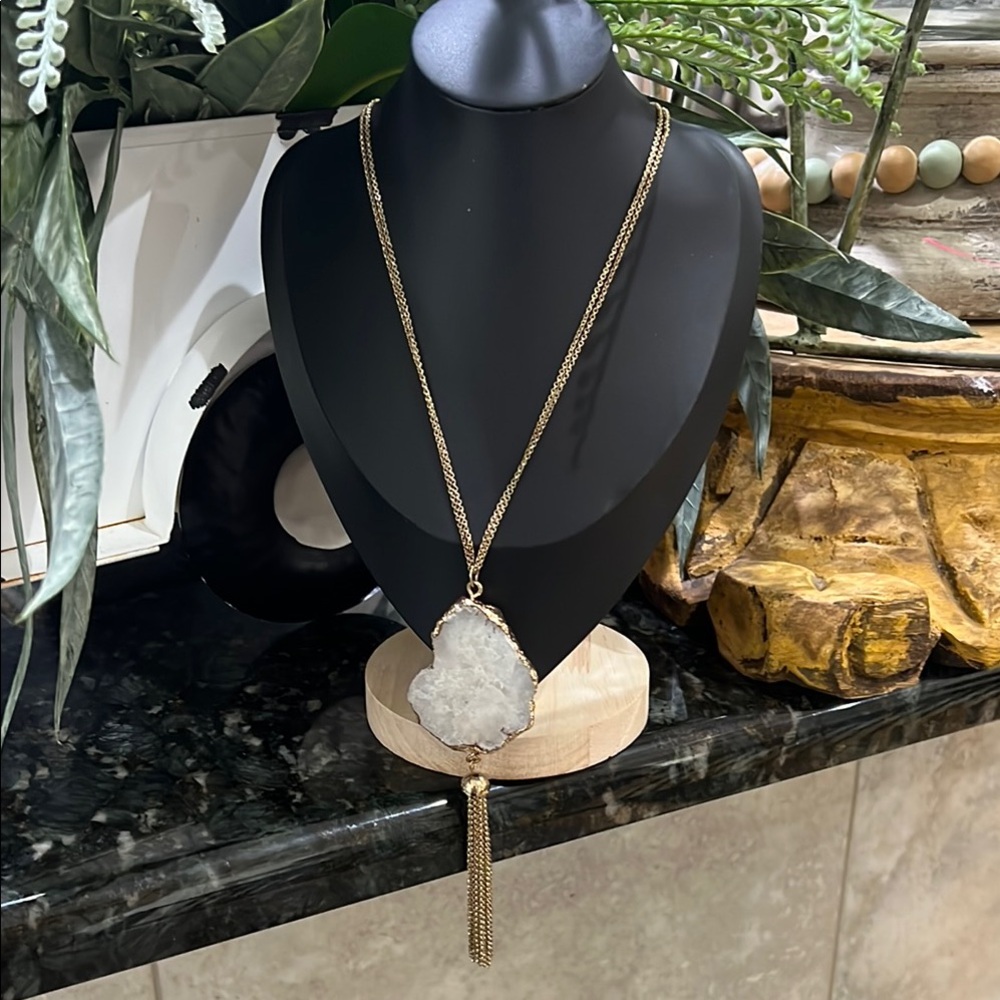 Elegant Gold Necklace with White Crystal Pendant. J96